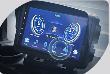 A car dashboard with a screen that says ready on it