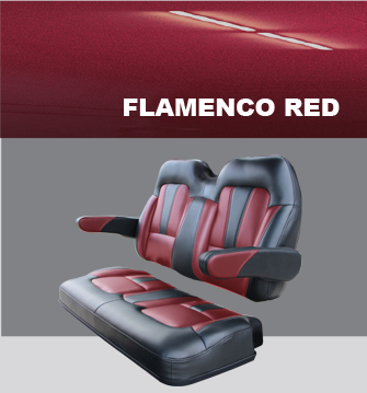 A red and black flamenco red seat with arm rests