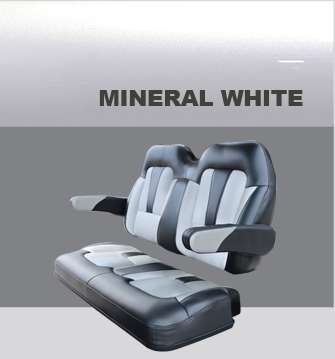 A black and white seat that says mineral white on it