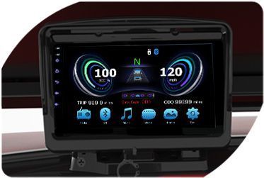A car dashboard with a screen that says 100 and 120 mph.