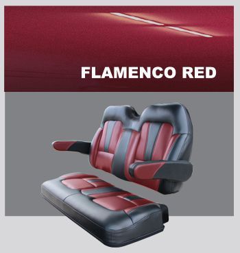 A red and black flamenco red seat with armrests.