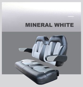A black and white seat with armrests on a gray background.