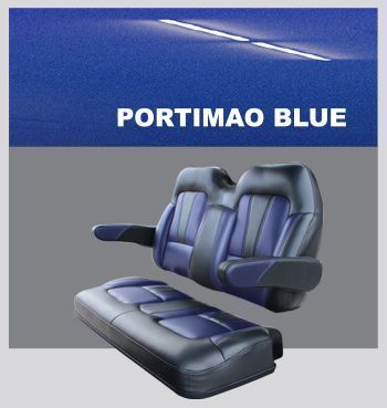 A blue and black seat with the word Portimao blue on it.