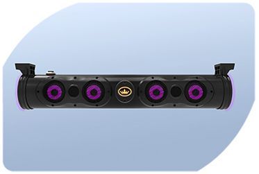 A black speaker with purple lights on a blue background.