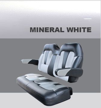 A black and white seat with arm rests on a gray background.