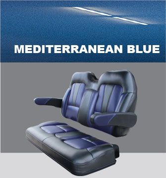 A black and purple seat with the words mediterranean blue above it