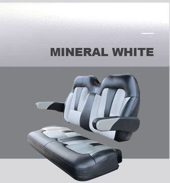 A black and white seat with arm rests on a gray background.