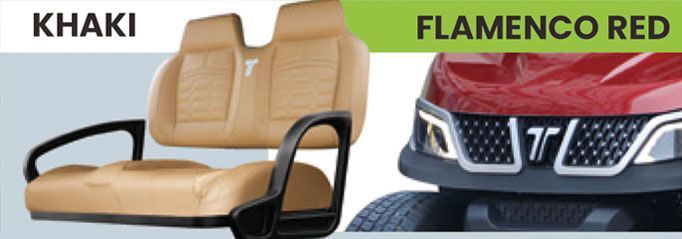 A flamenco red cart with khaki seats