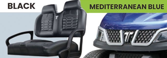 A Mediterranean blue cart with black seats