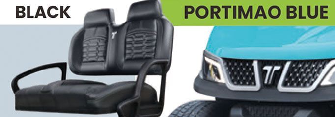 A portimao blue cart with black seats
