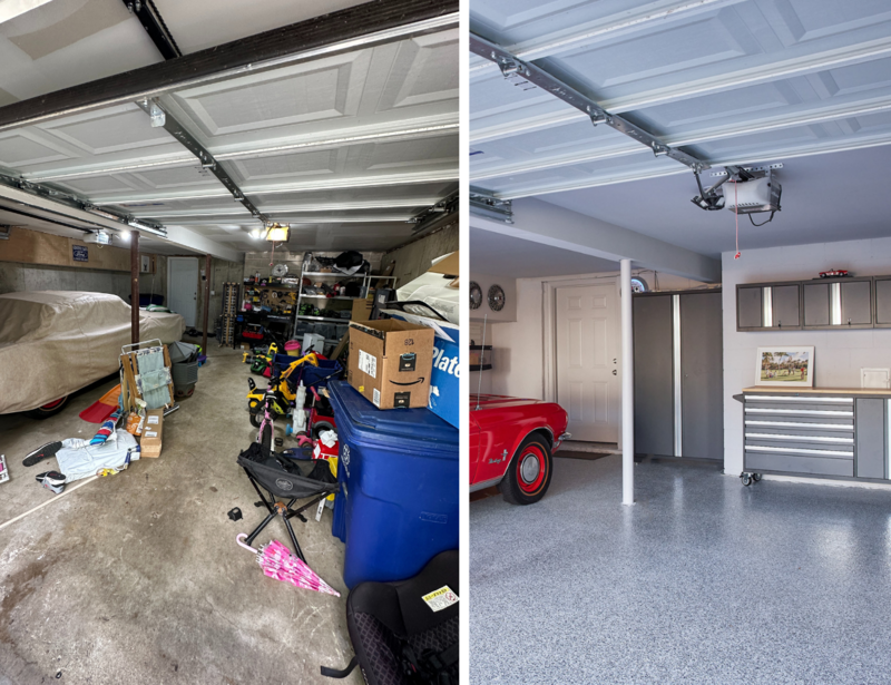 A before and after photo of a garage with a car in it.