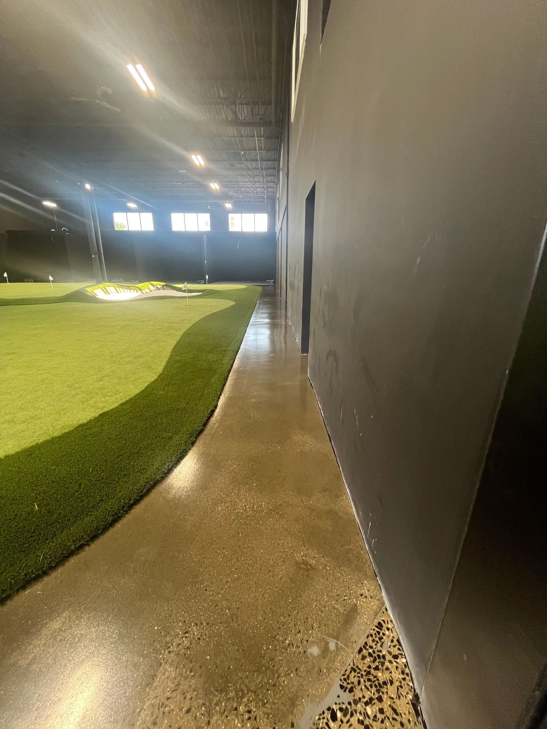 Indoor space: artificial turf, concrete path, dark wall with doors and windows, artificial turf.