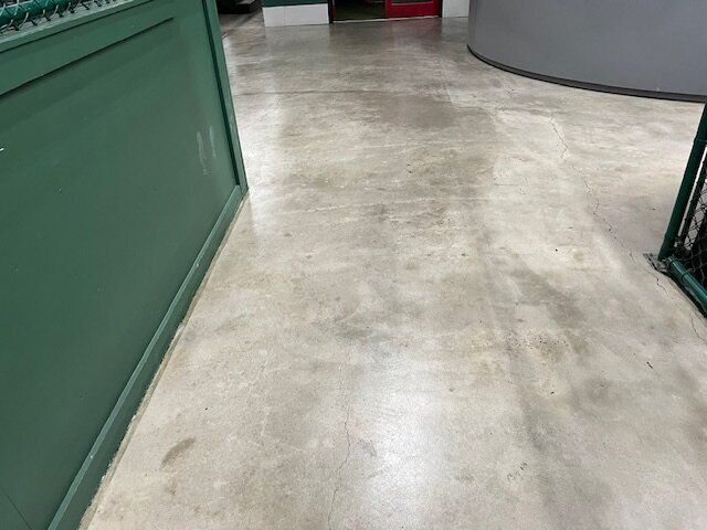 A dirty concrete floor with a green fence in the background.