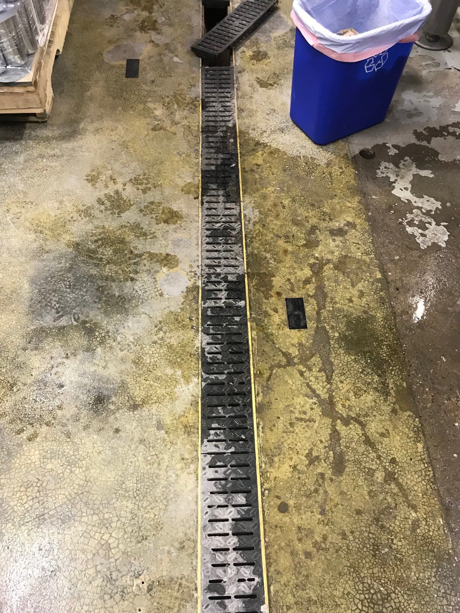 A drain on the floor of a building next to a trash can.