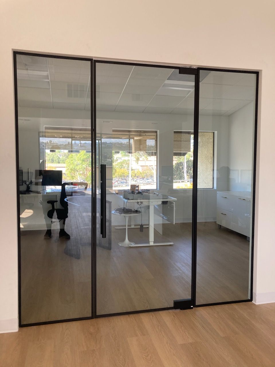Glass office doors with black frames. Interior office visible with a desk and chairs, wooden floors.