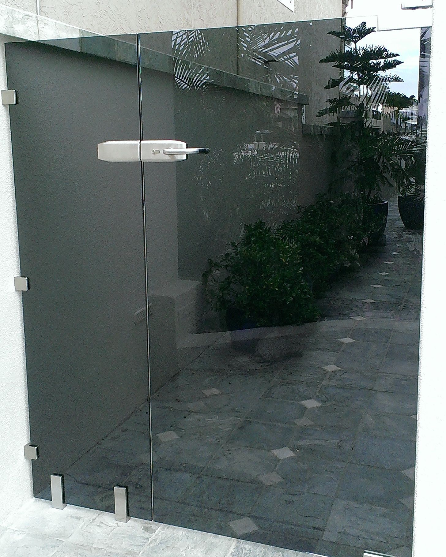 Glass door with metal hinges and a white lock. Reflected greenery and patio.