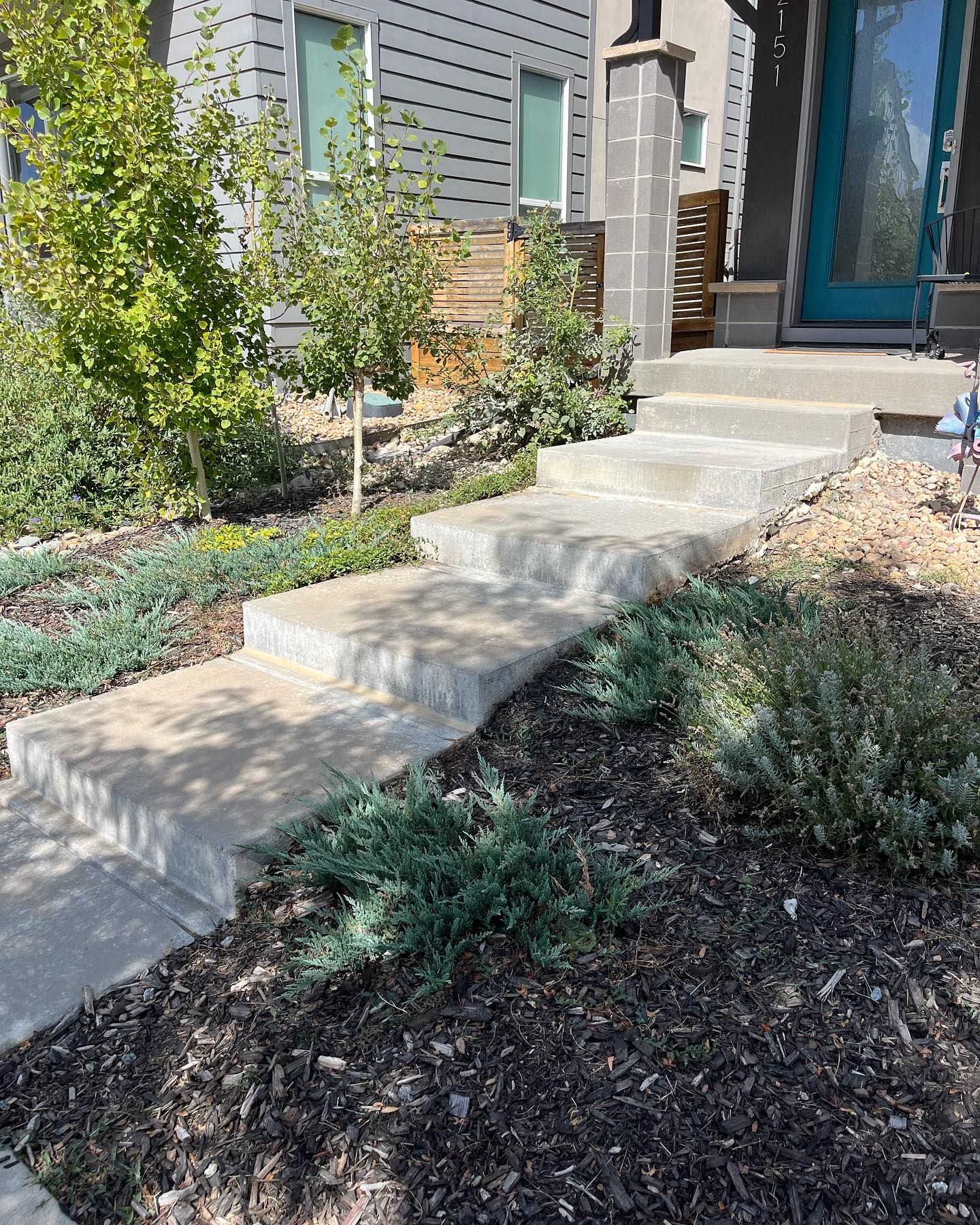 A concrete walkway leading to the front door of a house.