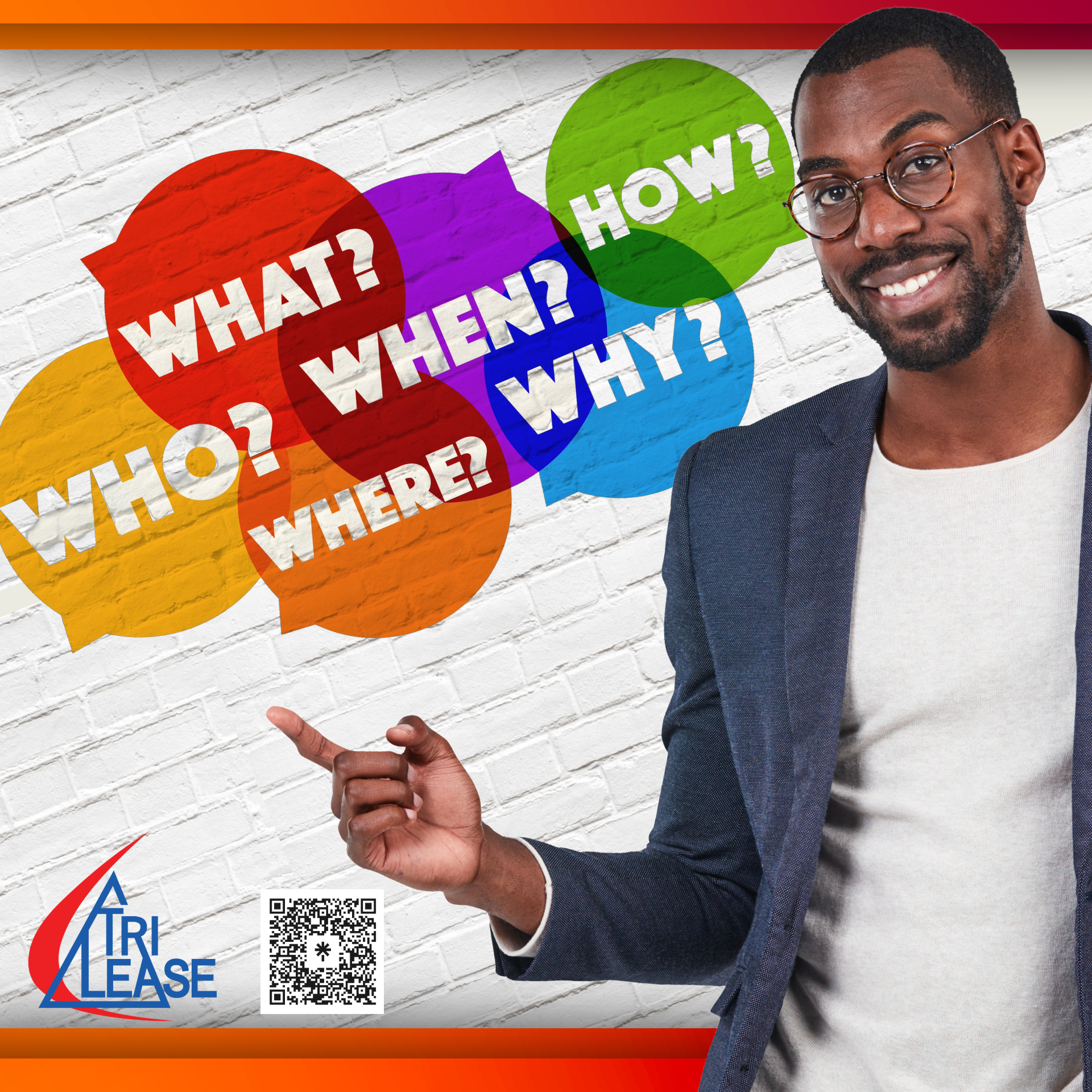 The image shows a businessman pointing to the questions: Who, What, When, Where, Why?
