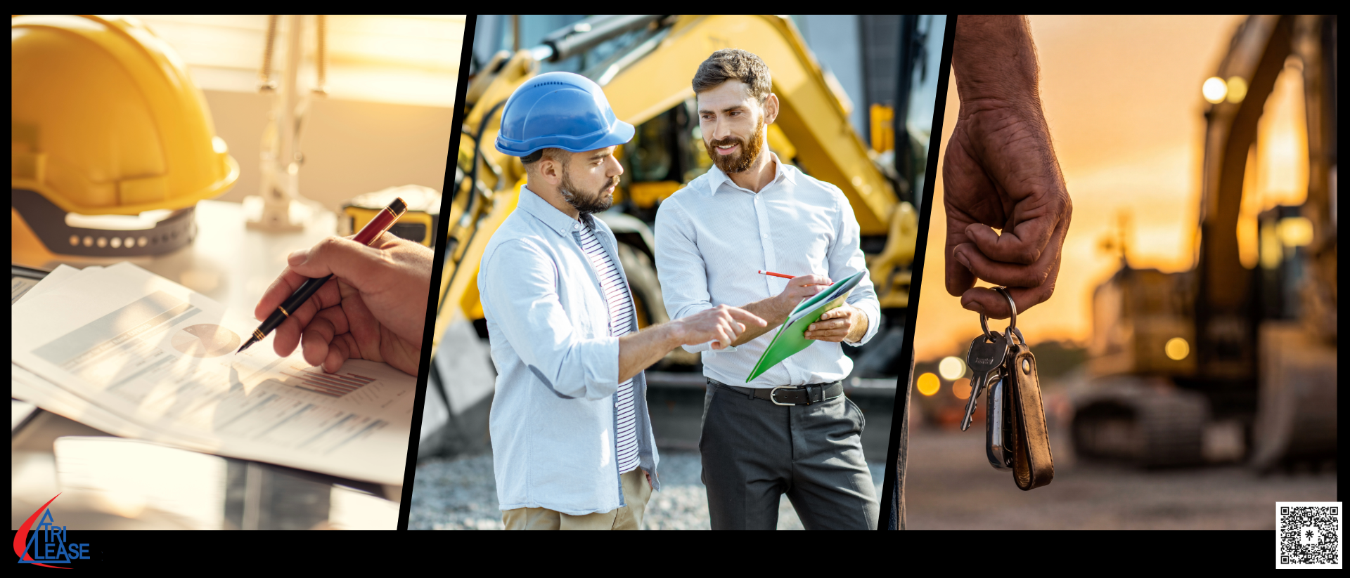 The image on the left shows a hard hat with a person looking at business financials; the middle shows a business owner talking to an equipment vendor; and the image on the right shows the business owner holding keys to the new equipment. 