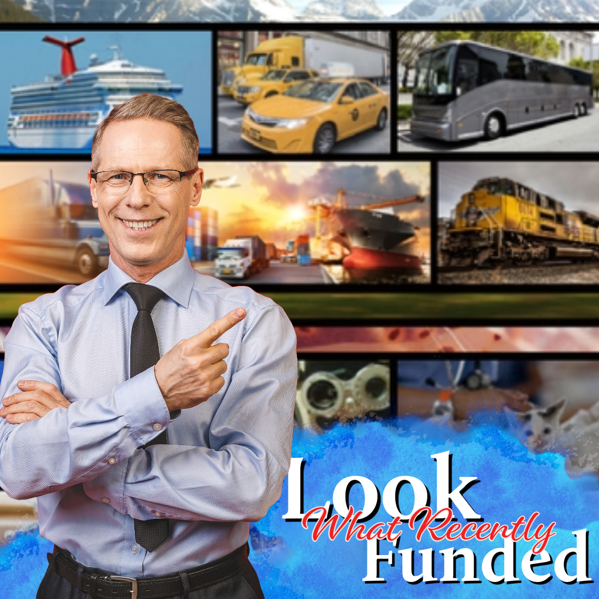 Man standing and pointing to photos of equipment that have recently funded