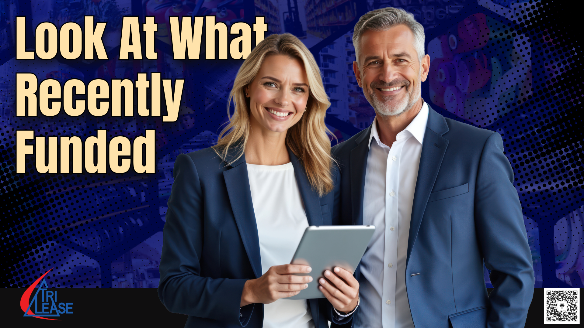 Businesswoman standing and smiling with look what we funded wording behind her.