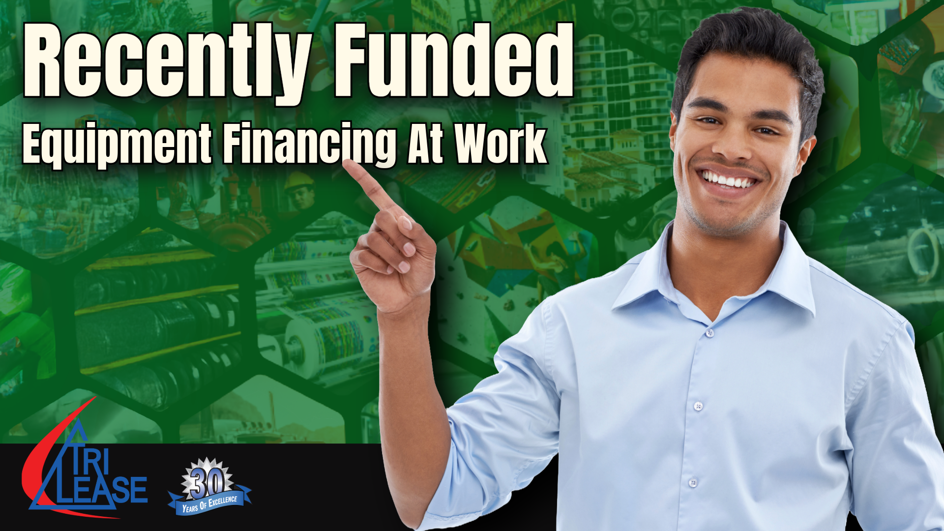 Businesspeople standing and smiling, with the 