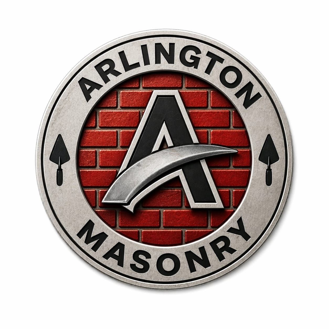 Arlington Masonry logo with red brick background and stylized black-and-silver letter A