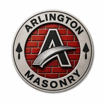 Arlington Masonry logo with red brick background and stylized black-and-silver letter A