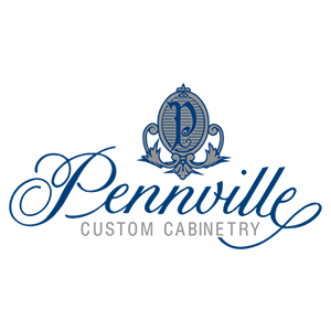 A blue logo for pennville custom cabinetry