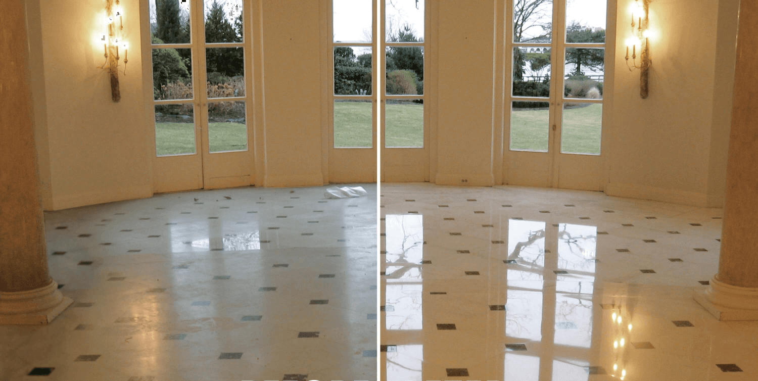 A before and after photo of a marble floor