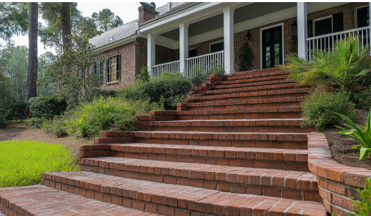 Brick steps leading to a porch of a house surrounded by green shrubs and trees