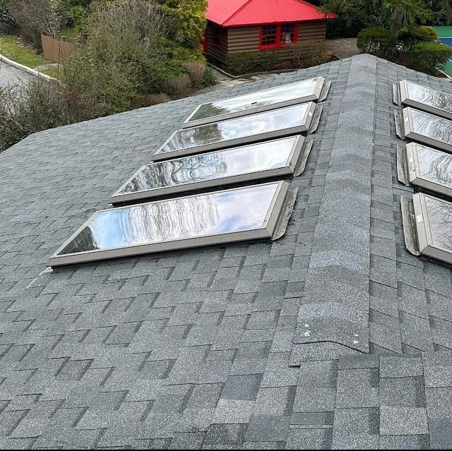 Gray shingle roof with several skylights reflecting sky and trees. A red-roofed building is in the background.