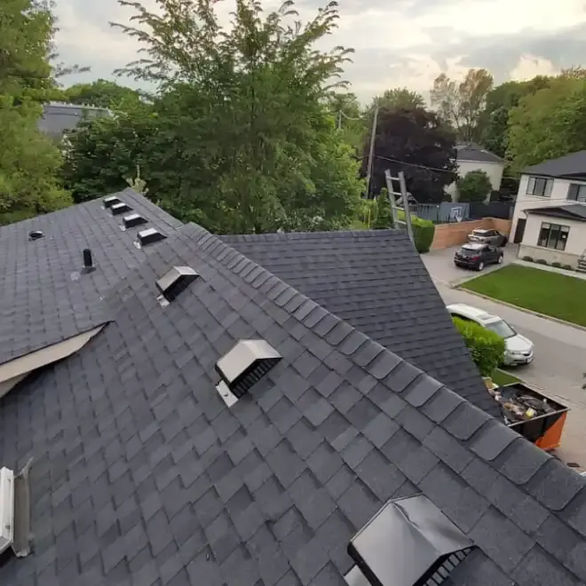 Dark gray shingled roof with several vents. Houses and trees are in the background, a ladder leaning on a roof.