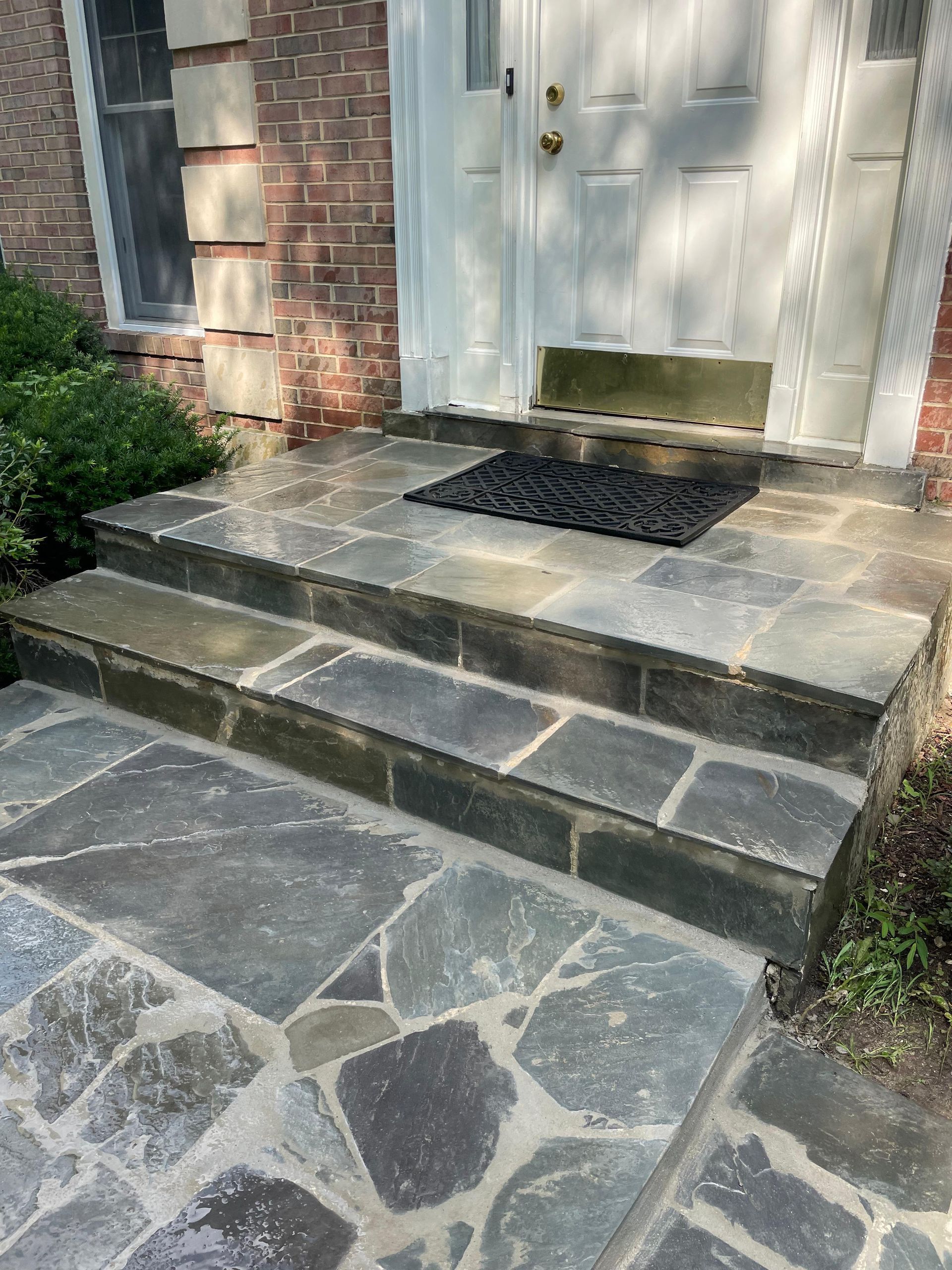 Stone steps leading to a white door with a black welcome mat, brick facade visible.