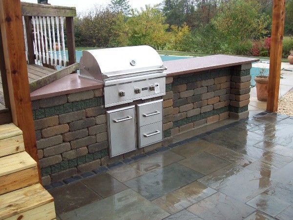 A grill is built into a brick wall on a patio next to a pool.