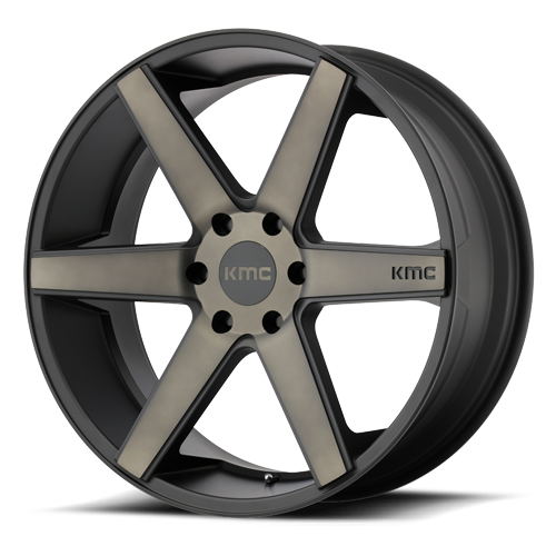 Black and bronze KMC five-spoke alloy wheel rim on a white background