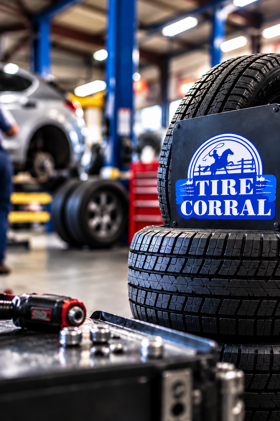 Tire Coral-branded tire in an auto shop, with tools and a car on a lift in the background