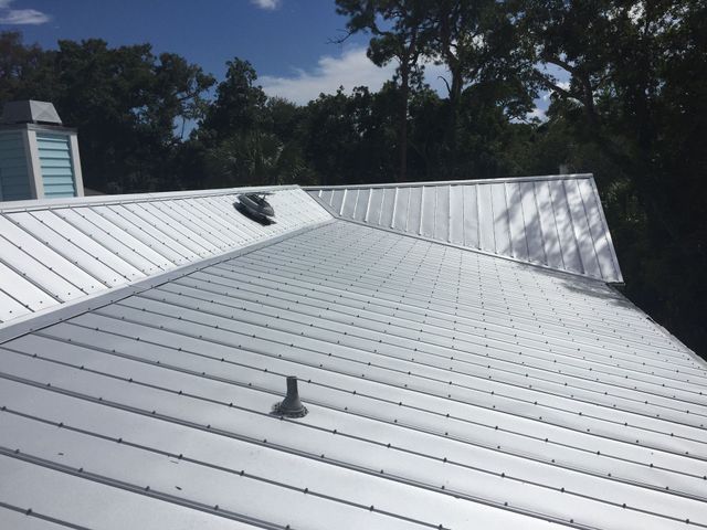 Metal roof on a house with a blue-green side wall, surrounded by trees under a blue sky.