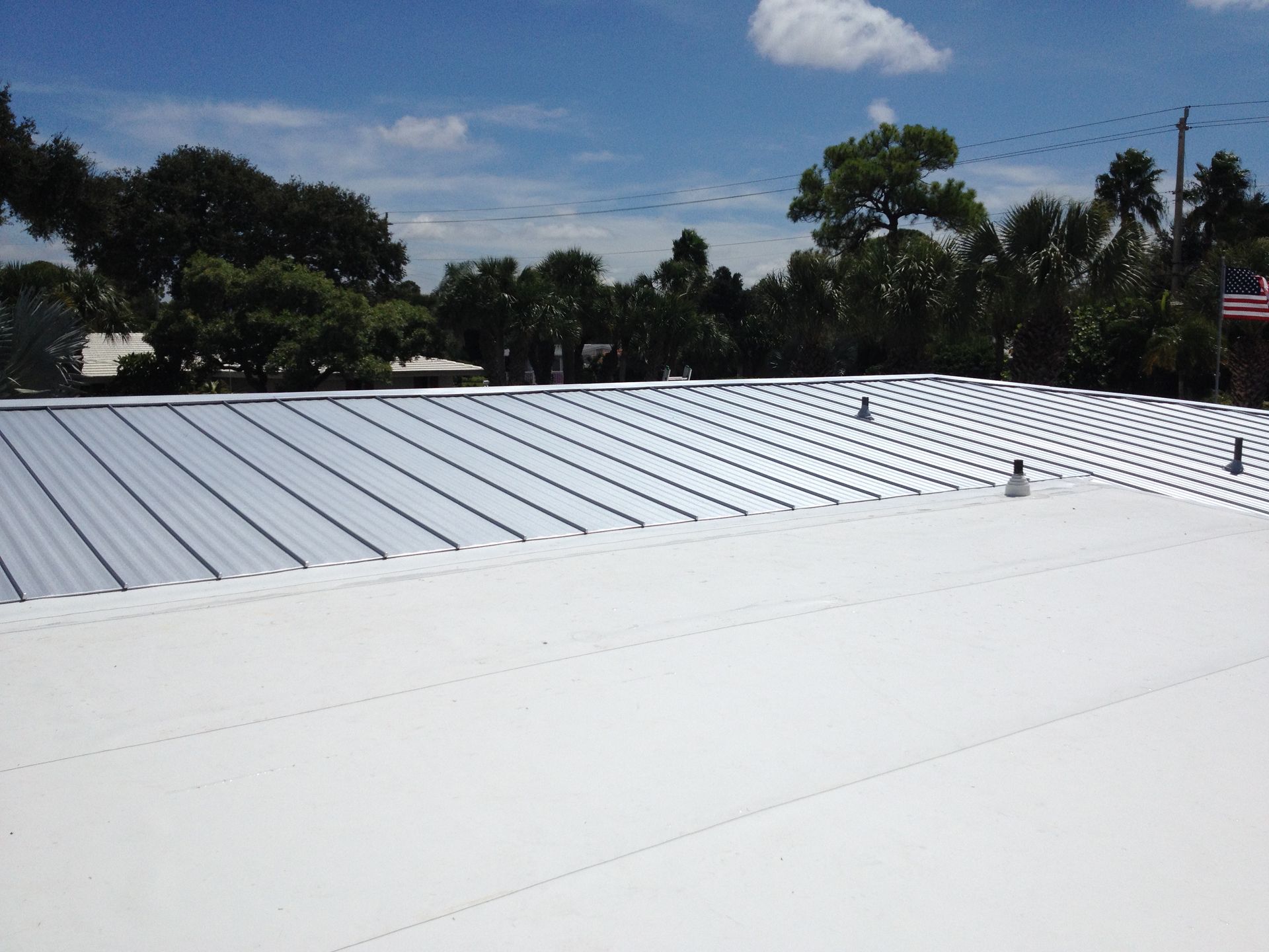 White and silver metal roof on a building, with trees and sky in background.