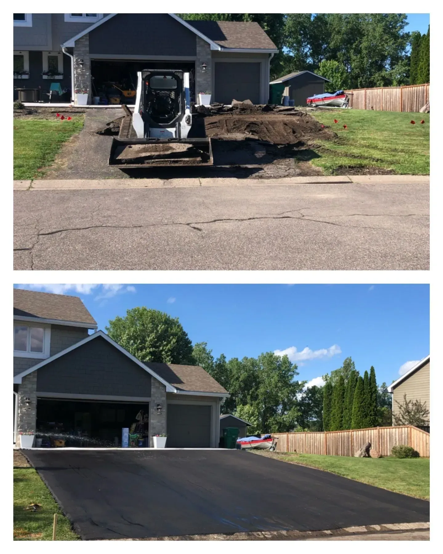 Before-and-after driveway resurfacing with a skid steer and fresh black asphalt in front of a house