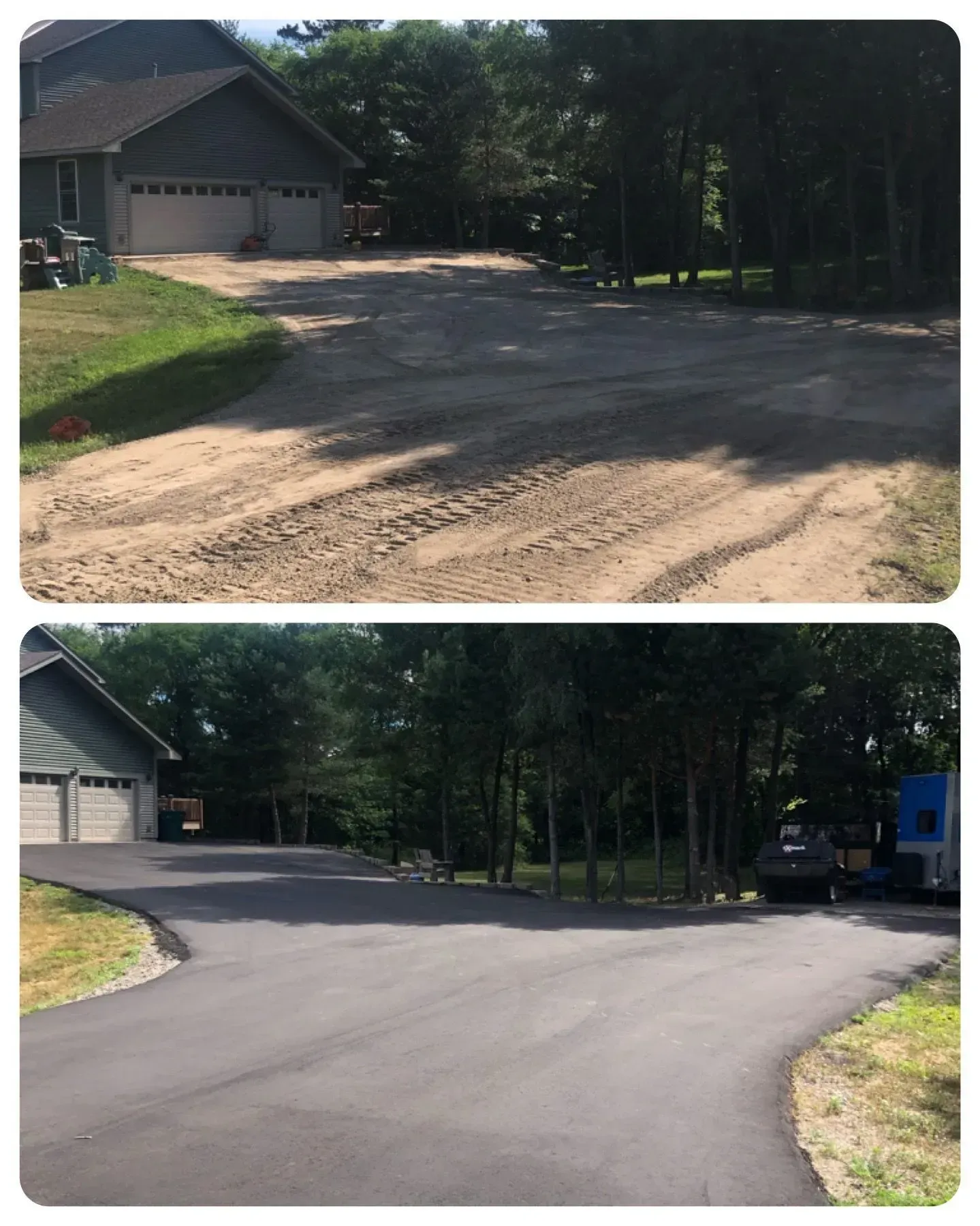 Before-and-after driveway paving beside a garage and trees, showing dirt replaced with smooth black asphalt