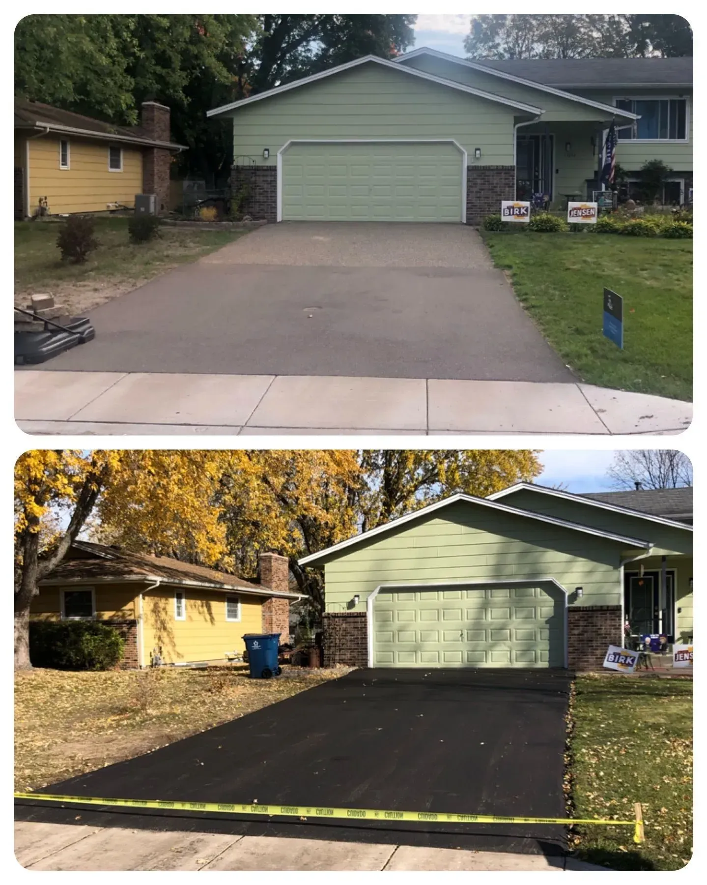 Driveway before-and-after: top shows bare concrete, bottom shows freshly paved black asphalt in front of a garage.