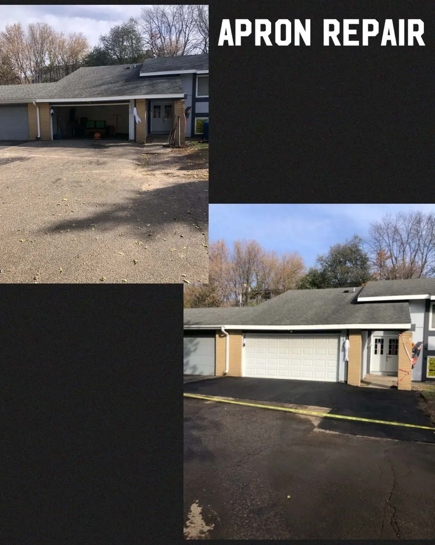 Before-and-after of driveway apron repair at a house with garage, showing old and newly paved asphalt.
