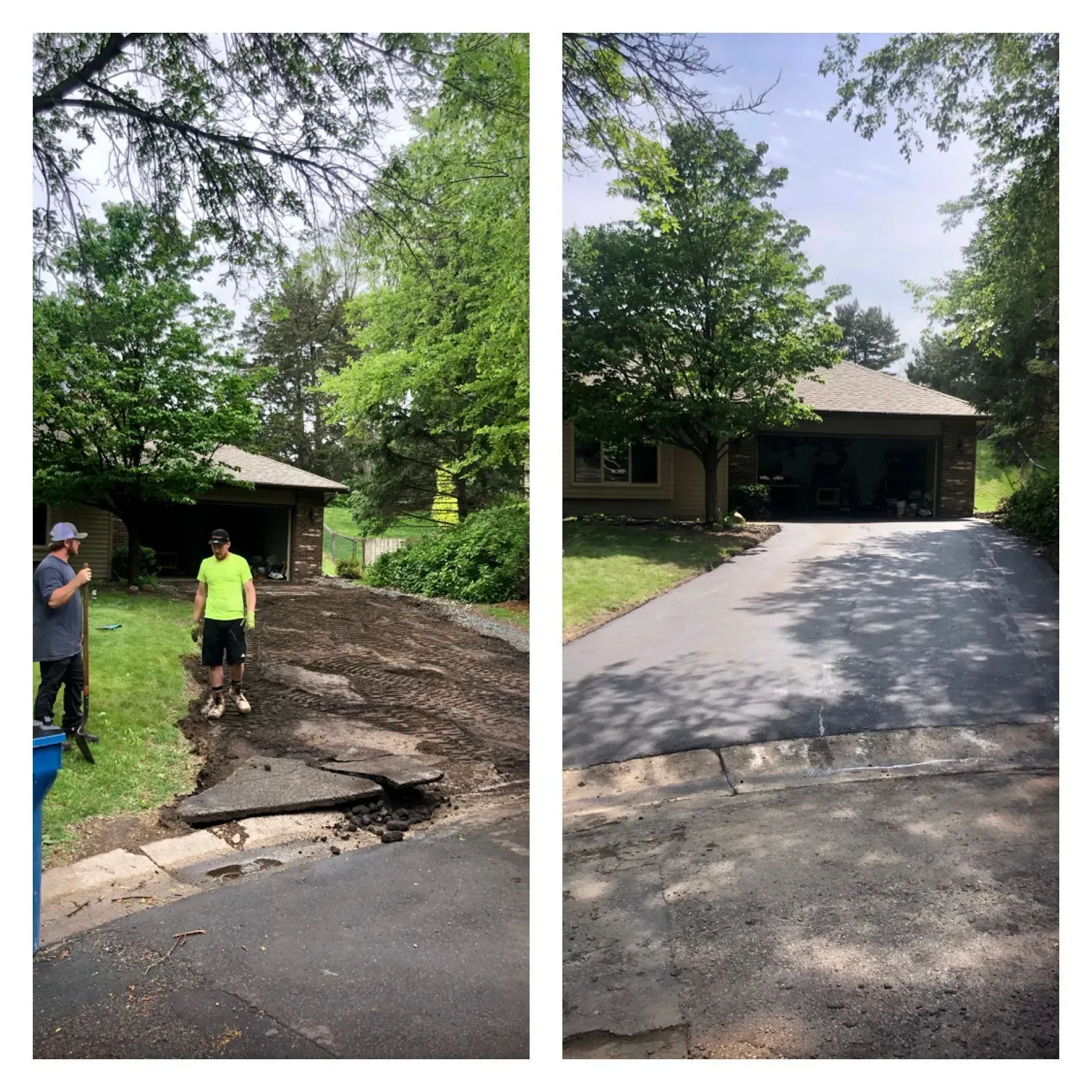 Before-and-after driveway repair beside a house, showing cracked pavement replaced with smooth asphalt.