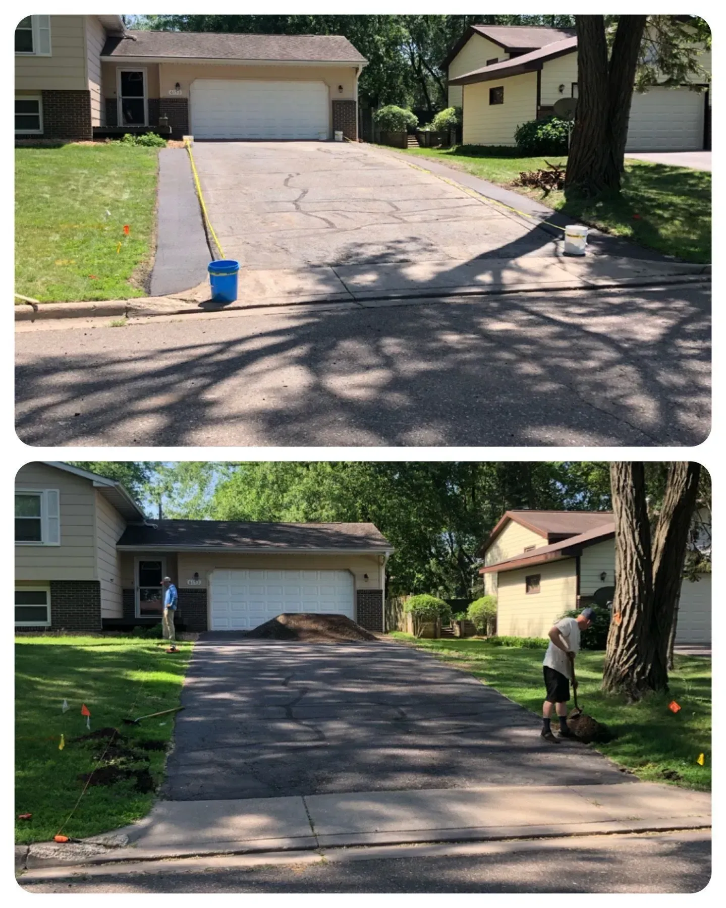 Two workers pressure washing a driveway in front of a suburban garage, with a blue bucket and spray cones.