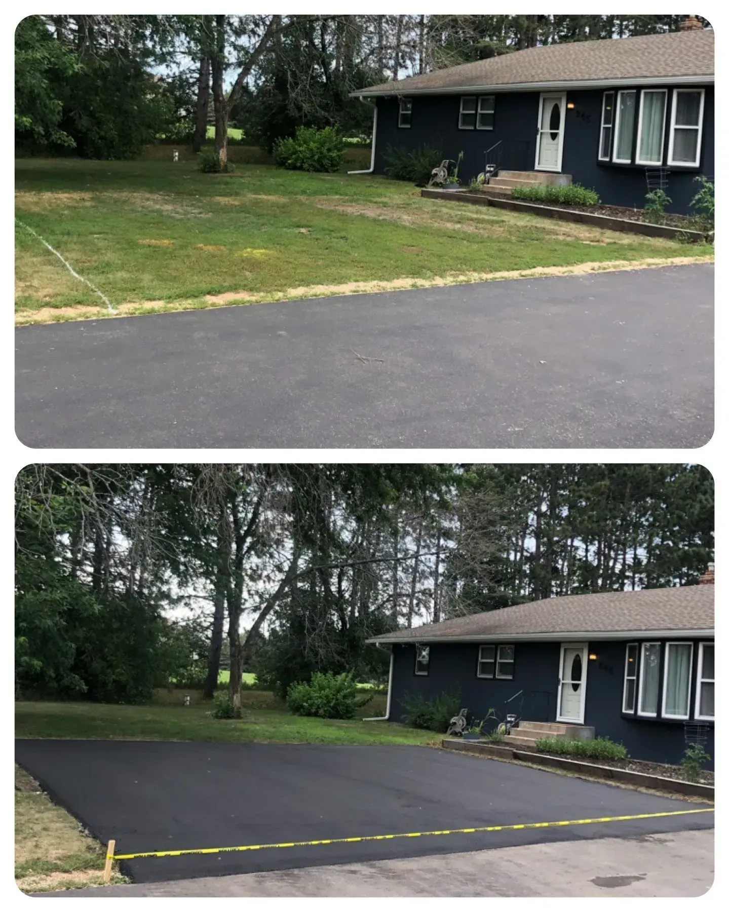 Before-and-after driveway resurfacing beside a dark house and yard.