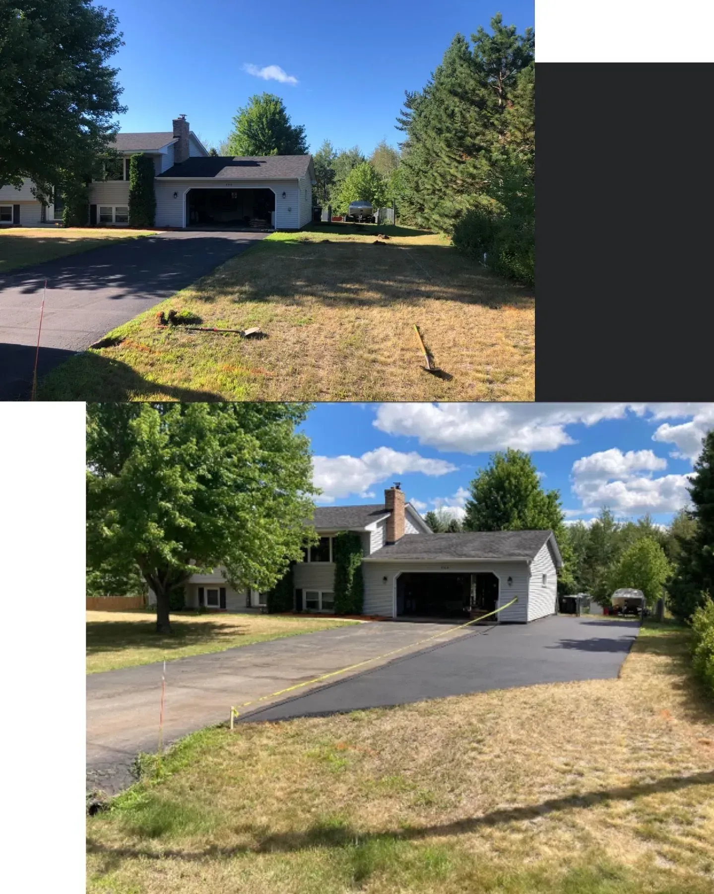 Two views of a suburban house with a driveway, garage, and trees under a sunny blue sky.
