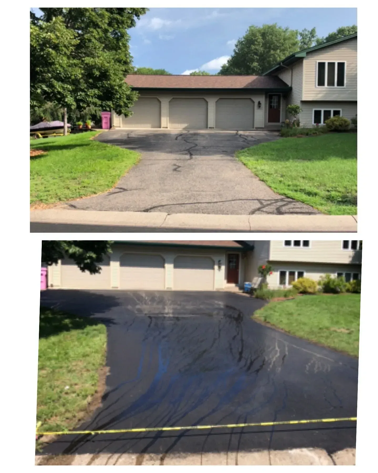 Driveway resurfacing before-and-after: cracked concrete replaced with smooth black asphalt leading to a garage