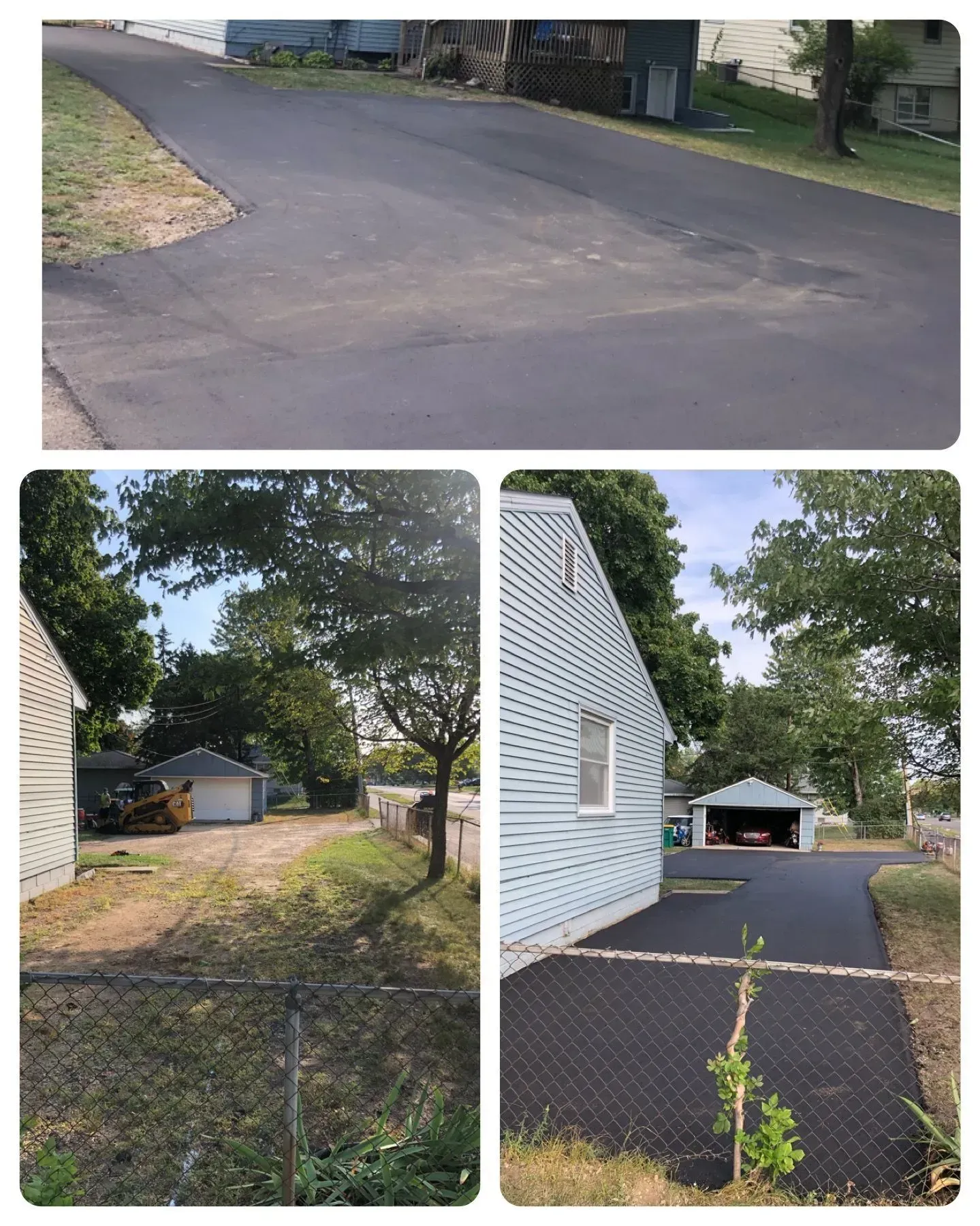 Three views of a driveway beside a house, including paved and chain-link fenced areas with trees and a garage.