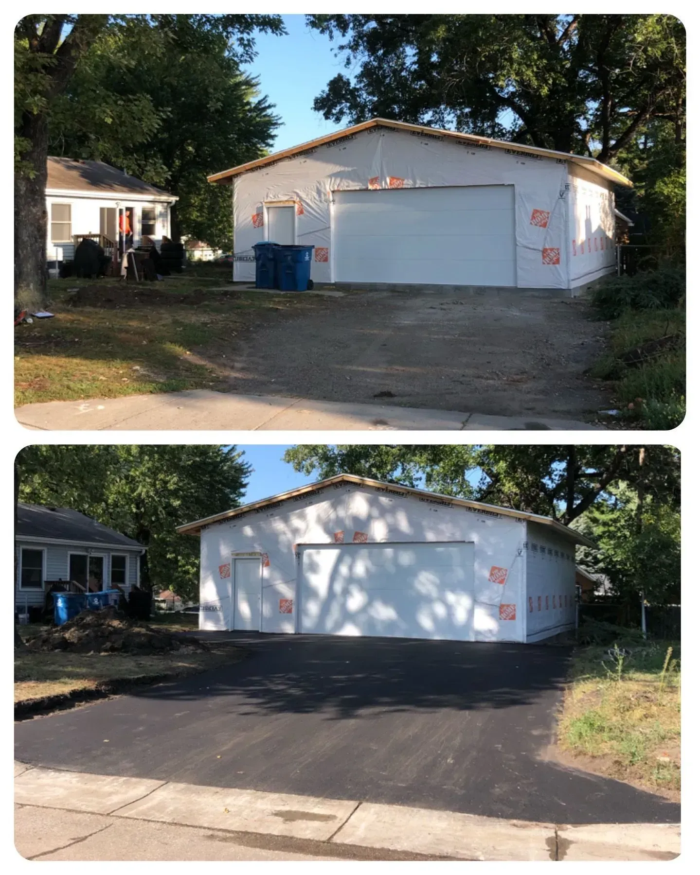 Two views of a white detached garage with a large door, beside a house and driveway under trees.